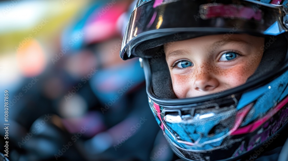 A young child with sparkling eyes wearing a protective helmet, filled with excitement as they prepare for a thrilling adventure on the racetrack. A young child with sparkling eyes wearing a protective helmet, filled with excitement as they prepare for a thrilling adventure on the racetrack.