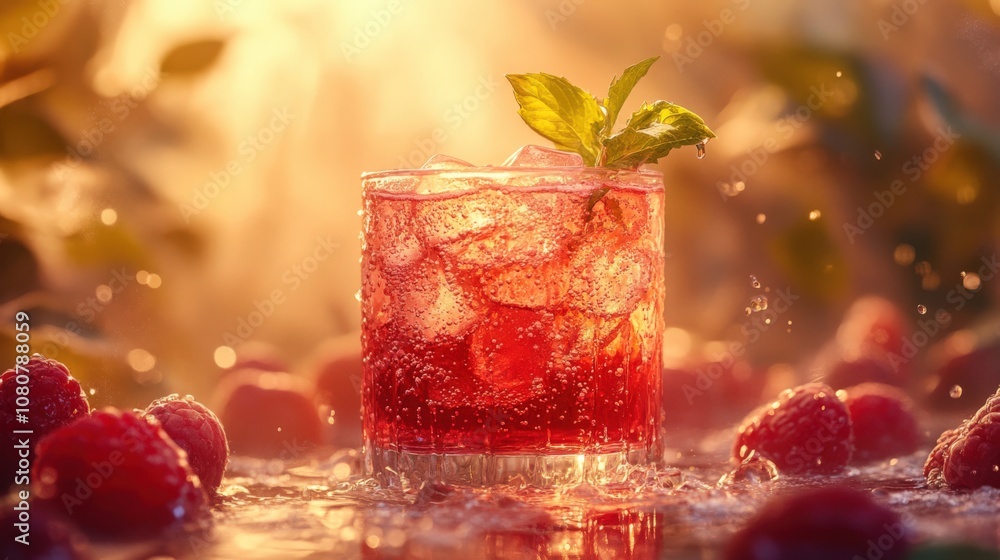Refreshing Summer Cocktail with Berries and Mint in Sunset Glow Refreshing Summer Cocktail with Berries and Mint in Sunset Glow
