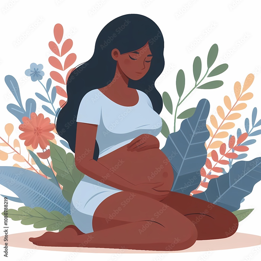 Pregnant black woman sitting, whitea background, flat style illustration Pregnant black woman sitting, whitea background, flat style illustration