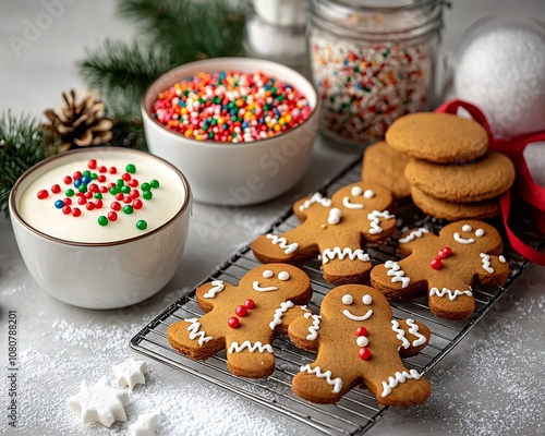 A tray of gingerbread men and a bowl of whipped cream photo