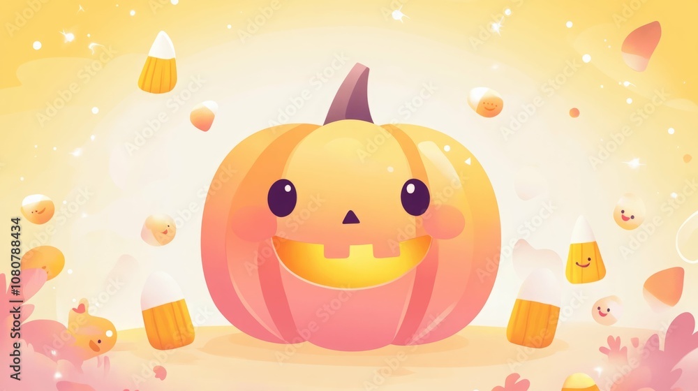 Obraz premium Cute cartoon pumpkin with candy corn in a whimsical scene.
