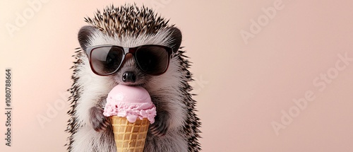 A cute hedgehog wearing sunglasses enjoys a delicious ice cream cone. The playful scene captures a whimsical moment that delights animal lovers.