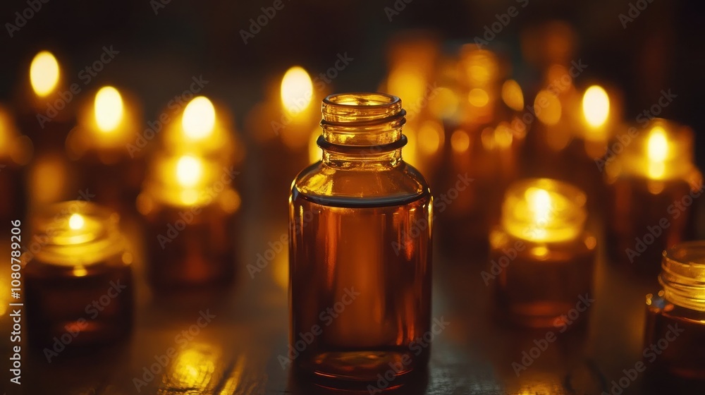 Amber Bottle and Candles: Aromatic Relaxation Amber Bottle and Candles: Aromatic Relaxation