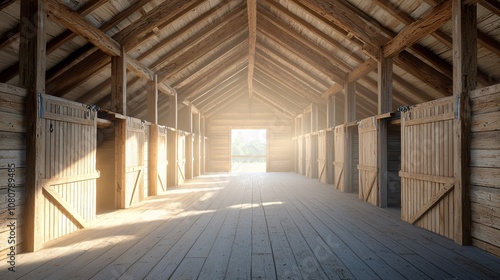 A spacious, rustic barn interior with wooden beams and an illuminated entrance. The serene atmosphere invites peaceful reflection and creativity.