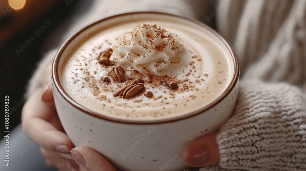 Cozy Hot Chocolate with Whipped Cream and Nuts in a Warm Setting Cozy Hot Chocolate with Whipped Cream and Nuts in a Warm Setting