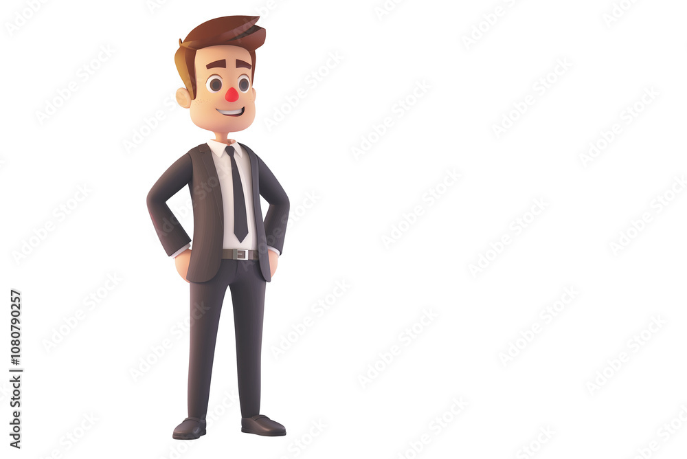 Happy smile cartoon character office businessman person in 3d style design pointing finger attention idea in blue suit on light background. Happy smile cartoon character office businessman person in 3d style design pointing finger attention idea in blue suit on light background.