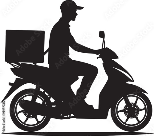 Delivery man on scooter with package silhouette vector illustration on white background