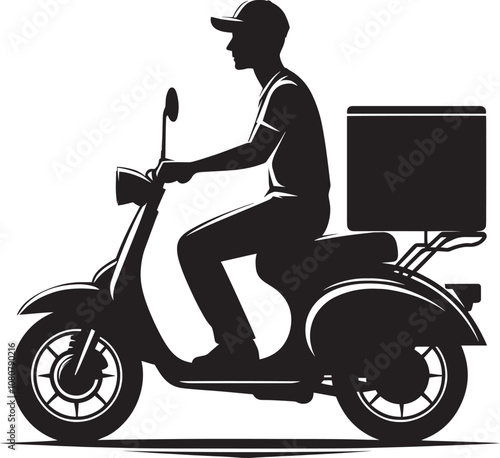 Delivery man on scooter with package silhouette vector illustration on white background