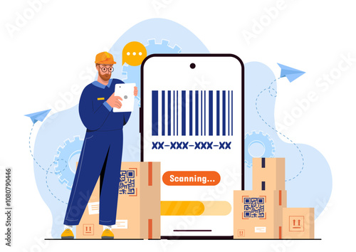 Warehouse worker with smartphone. Man stands near cardboard boxes. Loading and moving. Logistics and transportation, shipping. Loader with parcels. Flat vector illustration