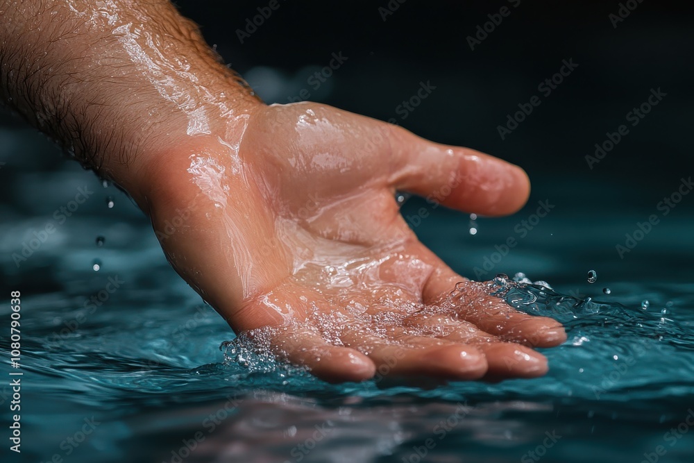 Fototapeta premium A close-up shot of a hand gracefully touching the water surface, with delicate droplets forming, evoking serenity and connection with nature in an artistic view.