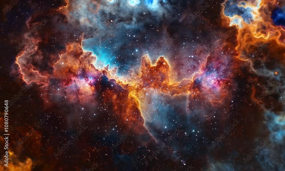 A vibrant nebula with hues of orange, blue, and pink, filled with twinkling stars against a dark background. A vibrant nebula with hues of orange, blue, and pink, filled with twinkling stars against a dark background.