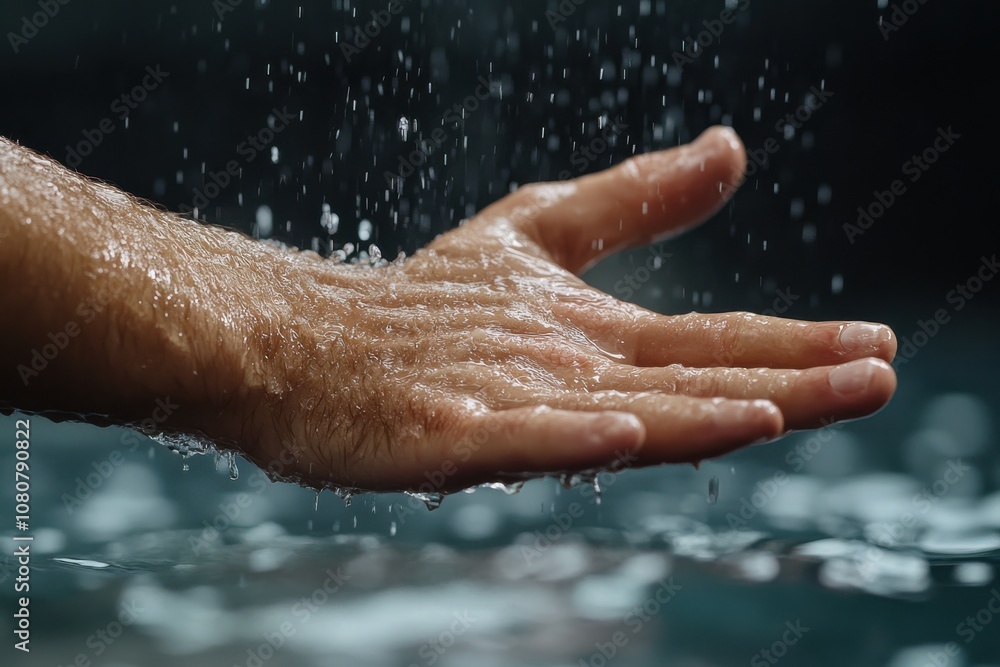 Fototapeta premium An outstretched hand catching water droplets in mid-air. The sense of movement and capture highlights the interaction between hand and element.