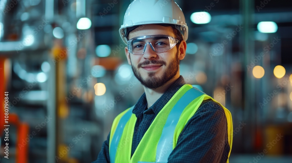 Portrait of a Young Industrial Engineer in a Safety Vest and Hardhat Smiling for the Camera with a Blurred Large Factory Setting Behind Portrait of a Young Industrial Engineer in a Safety Vest and Hardhat Smiling for the Camera with a Blurred Large Factory Setting Behind