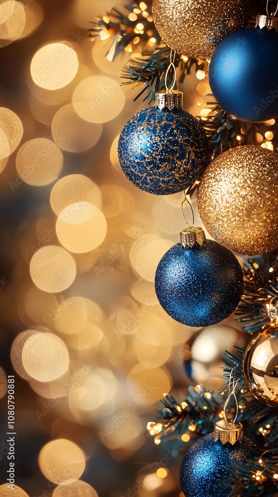 A close-up of festive Christmas ornaments on a tree, showcasing shimmering gold and blue colors against a backdrop of warm glowing lights. A close-up of festive Christmas ornaments on a tree, showcasing shimmering gold and blue colors against a backdrop of warm glowing lights.