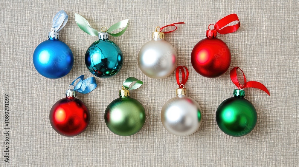 Eight Christmas Ornaments with Ribbon on a Beige Fabric Background Eight Christmas Ornaments with Ribbon on a Beige Fabric Background