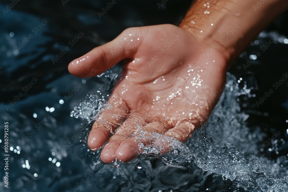 Fototapeta premium An open hand is surrounded by shimmering water against a contrasting dark blue watery background, symbolizing grace and the fluidity of nature and human touch.