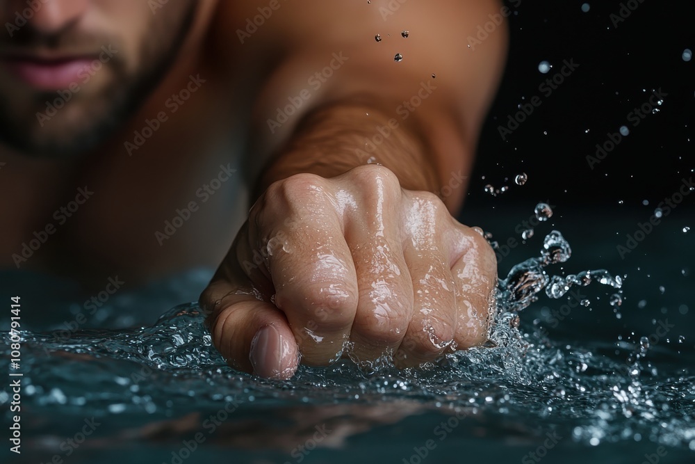 Fototapeta premium An assertive hand pierces through splashing water, embodying courage, strength, and determination in a dynamic scene that captures the power of human effort.