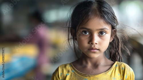 Portrait of a young girl with a blurred textile factory backdrop depicting the concept of child labor in a sweatshop presented in a documentary style photo