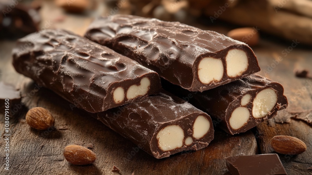 Delicious Chocolate Bars with Almonds on Rustic Wooden Background Delicious Chocolate Bars with Almonds on Rustic Wooden Background
