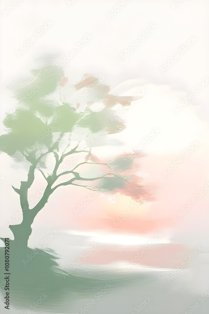 Obraz premium Abstract minimalist spring scene with a single, sharp silhouette of a blooming tree on a vast light grey canvas, with subtle color gradients hinting at spring freshness