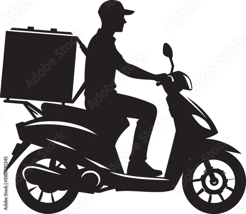 Delivery man on scooter with package silhouette vector illustration on white background