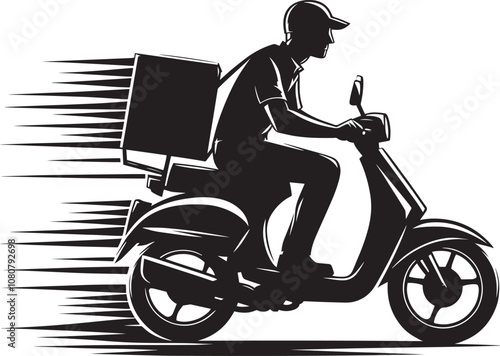 Delivery man on scooter with package silhouette vector illustration on white background