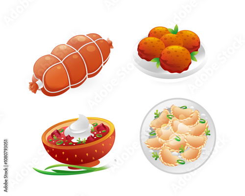 Set of Ukrainian food icons, borscht, Kiev cutlets, sausage, dumplings, realistic in 3D style.