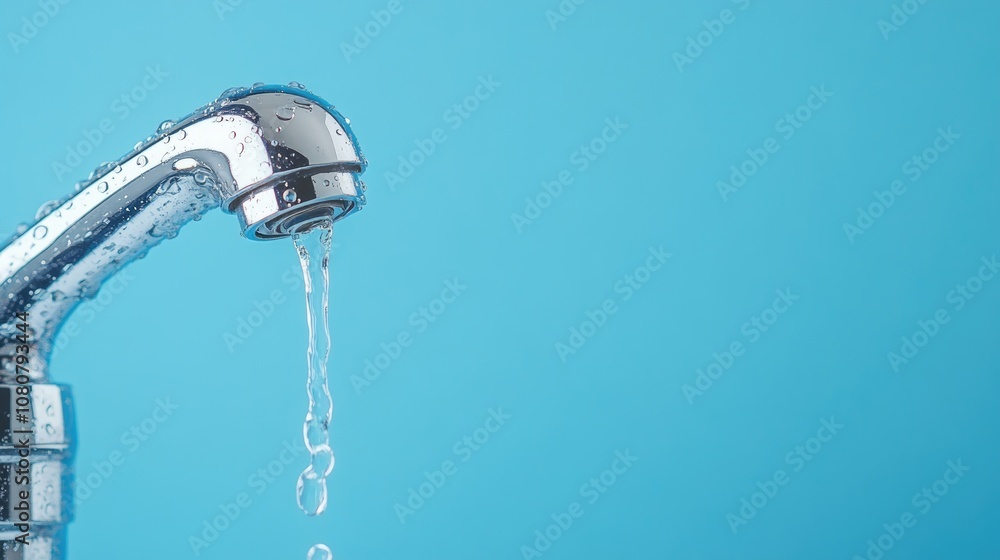 Water droplet flowing from a faucet against a blue backdrop with ample space for text Water droplet flowing from a faucet against a blue backdrop with ample space for text