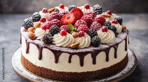 Decadent Chocolate Cheesecake with Fresh Berries and Almonds