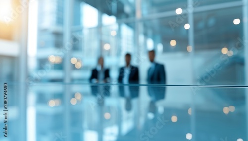 Business professionals engaged in discussion inside a modern office on a sunny day