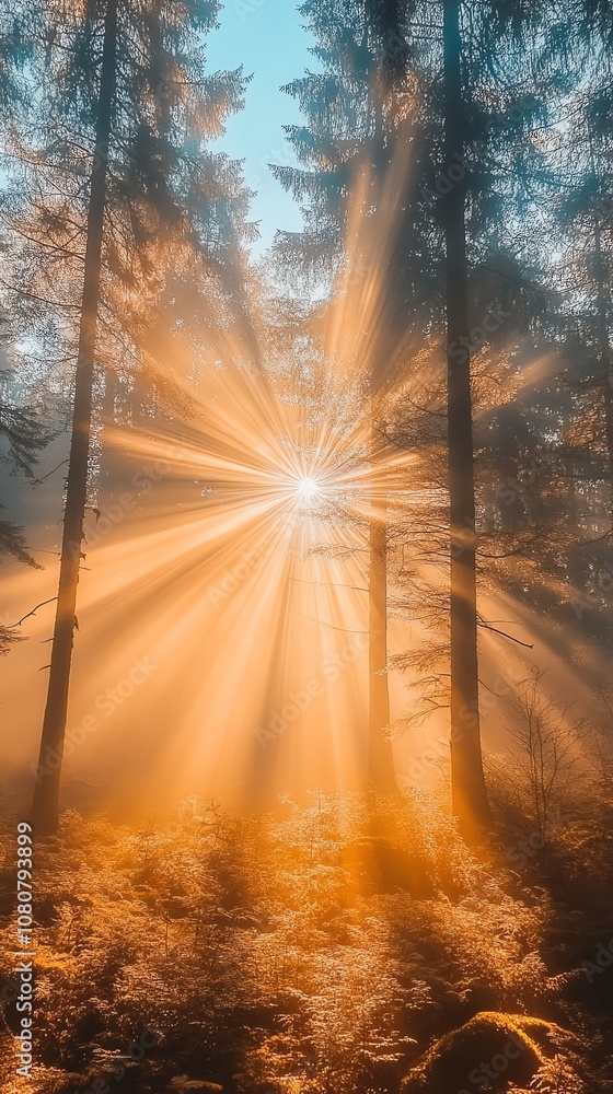 Sun rays shine through the trees in a misty forest. Sun rays shine through the trees in a misty forest.
