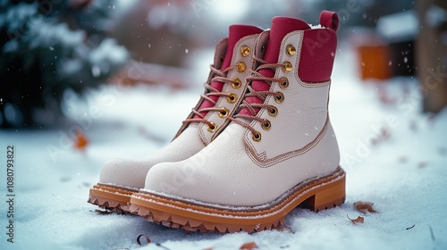 Stylish winter boots in snowy outdoor setting with red leather accents