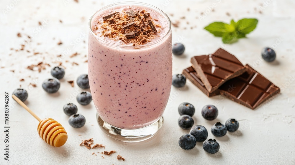 Berry smoothie with yogurt and milkshake topped with grated chocolate honey and blueberries on a white background Berry smoothie with yogurt and milkshake topped with grated chocolate honey and blueberries on a white background