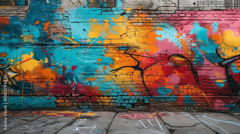 Fototapeta premium Vibrant Graffiti on Urban Brick Wall, Abstract Street Art with Bold Colors