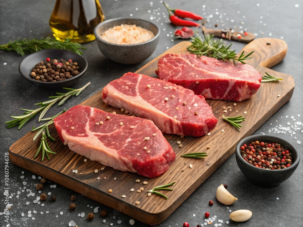 Aromatic, raw beef steaks, ready for a flavorful sear. Fresh rosemary and spices surround them, promising a delicious meal. Aromatic, raw beef steaks, ready for a flavorful sear. Fresh rosemary and spices surround them, promising a delicious meal.