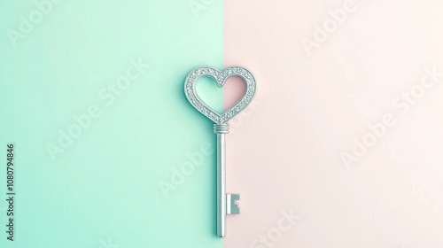 Minimalistic St. Valentine's day themed photo of a key with heart-shaped artistically carved top. Creative flat lay with pastel background and copy space.