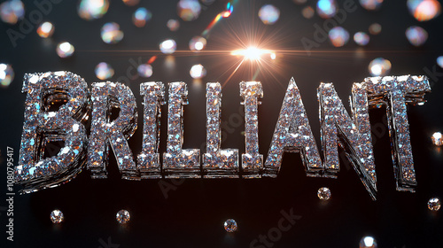Brilliant diamond word shining with light rays on black background