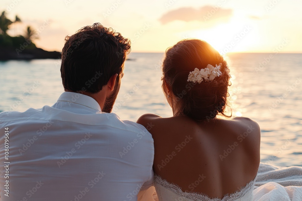 Fototapeta premium A serene scene of a couple sitting by the sea, witnessing a picturesque sunset. They are surrounded by natural beauty and wear white clothing, symbolizing purity.