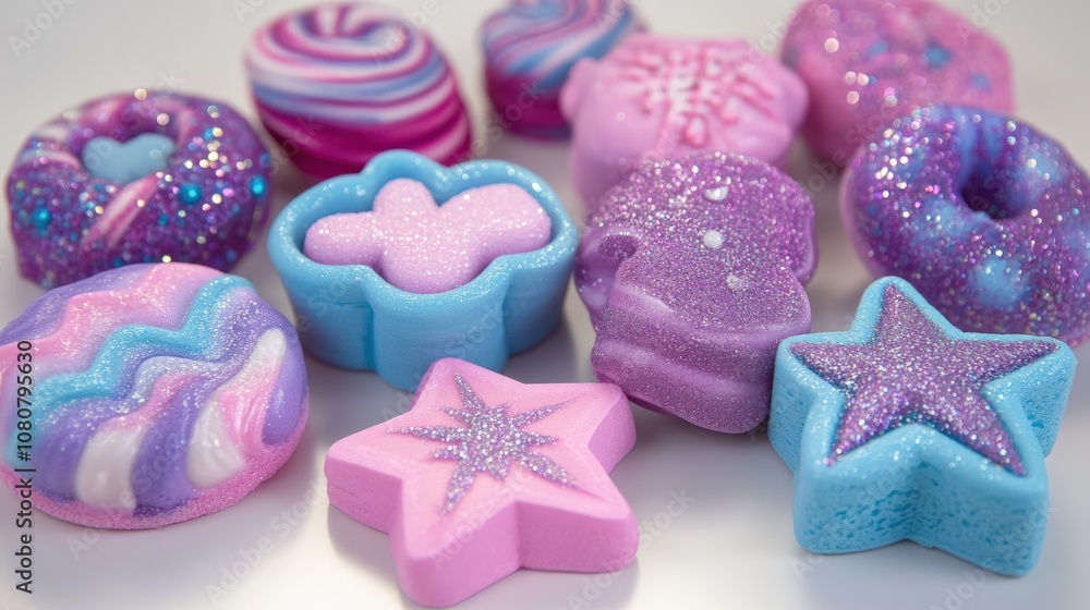 Colorful Glittery Bath Bombs in Fun Shapes and Patterns Colorful Glittery Bath Bombs in Fun Shapes and Patterns