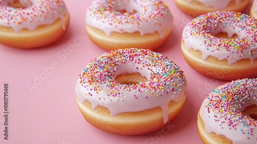 Tempting Assortment of Iced Donuts Topped with Colorful Sprinkles on a Soft Pink Surface