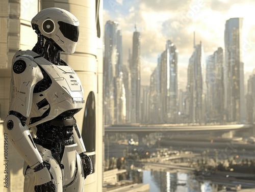 A humanoid robot stands on a rooftop overlooking a futuristic city.