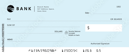 Blue Bank check, vector blank money cheque, checkbook template with guilloche pattern and fields. Currency payment coupon, money check background