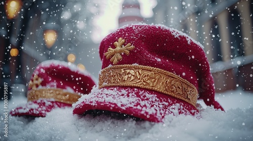 Festive red guards hats in snowy winter wonderland street scene photo