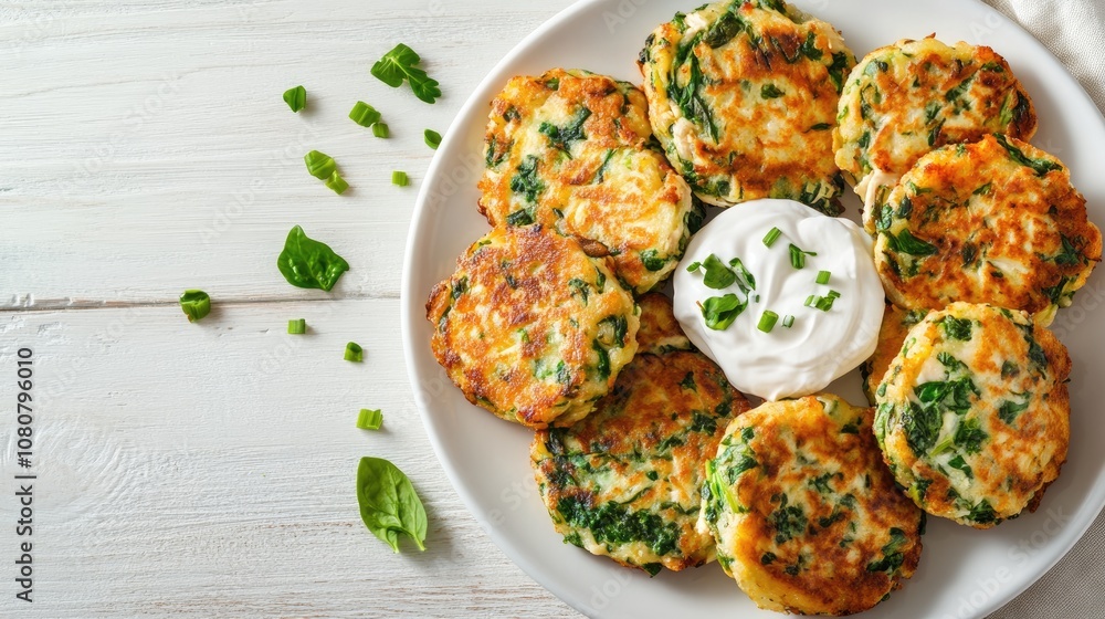 Cheesy spinach and chicken fritters served on a white plate with a dollop of sour cream Bird s eye view with room for additional text Cheesy spinach and chicken fritters served on a white plate with a dollop of sour cream Bird s eye view with room for additional text
