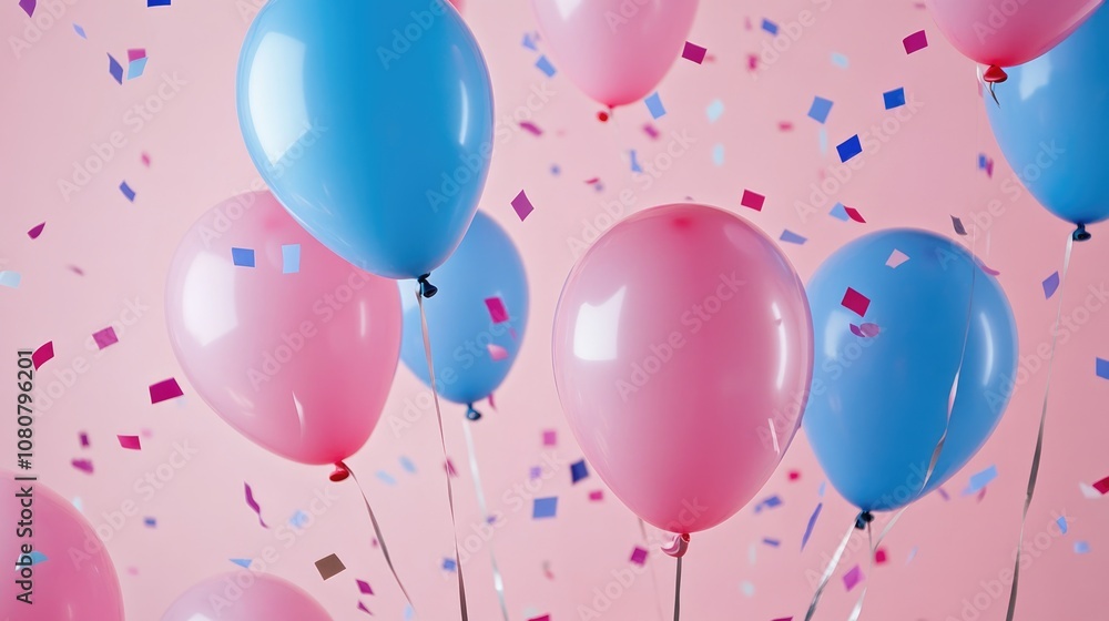 A variety of pink and blue balloons accompanied by colorful confetti on a soft pink backdrop perfect for festive and celebratory occasions A variety of pink and blue balloons accompanied by colorful confetti on a soft pink backdrop perfect for festive and celebratory occasions