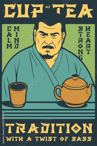 Asian man wearing traditional clothes is drinking tea, representing a calm mind and a strong heart, symbolizing asian culture and tradition