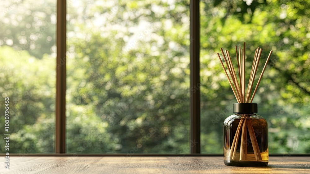 Air freshener bottle with bamboo sticks placed by a large window, with a view of nature outside Air freshener bottle with bamboo sticks placed by a large window, with a view of nature outside