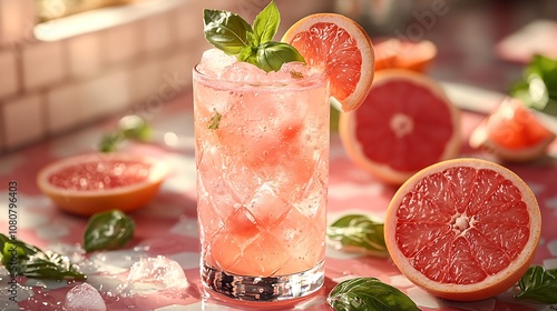 A refreshing grapefruit cocktail garnished with mint, served over ice, surrounded by fresh grapefruit halves and basil leaves.