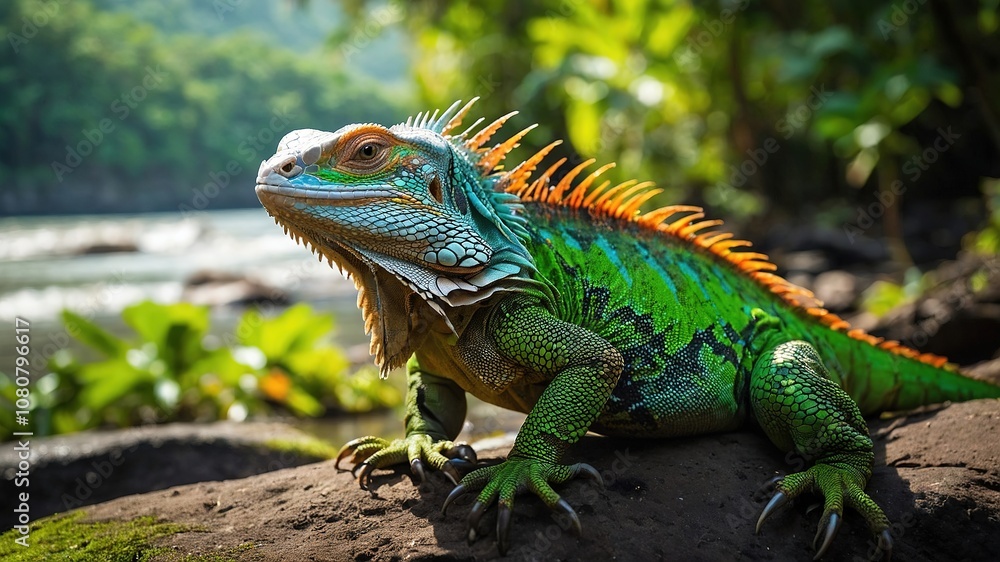 A vibrant green iguana basks at the river's edge, a Costa Rican jewel. A vibrant green iguana basks at the river's edge, a Costa Rican jewel.