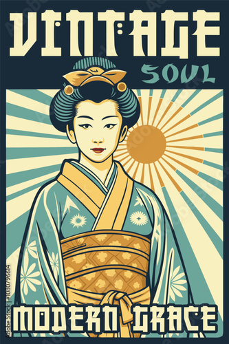 Colorful vintage style poster featuring a geisha in traditional attire, embodying japanese culture with grace and elegance, set against a backdrop of a rising sun